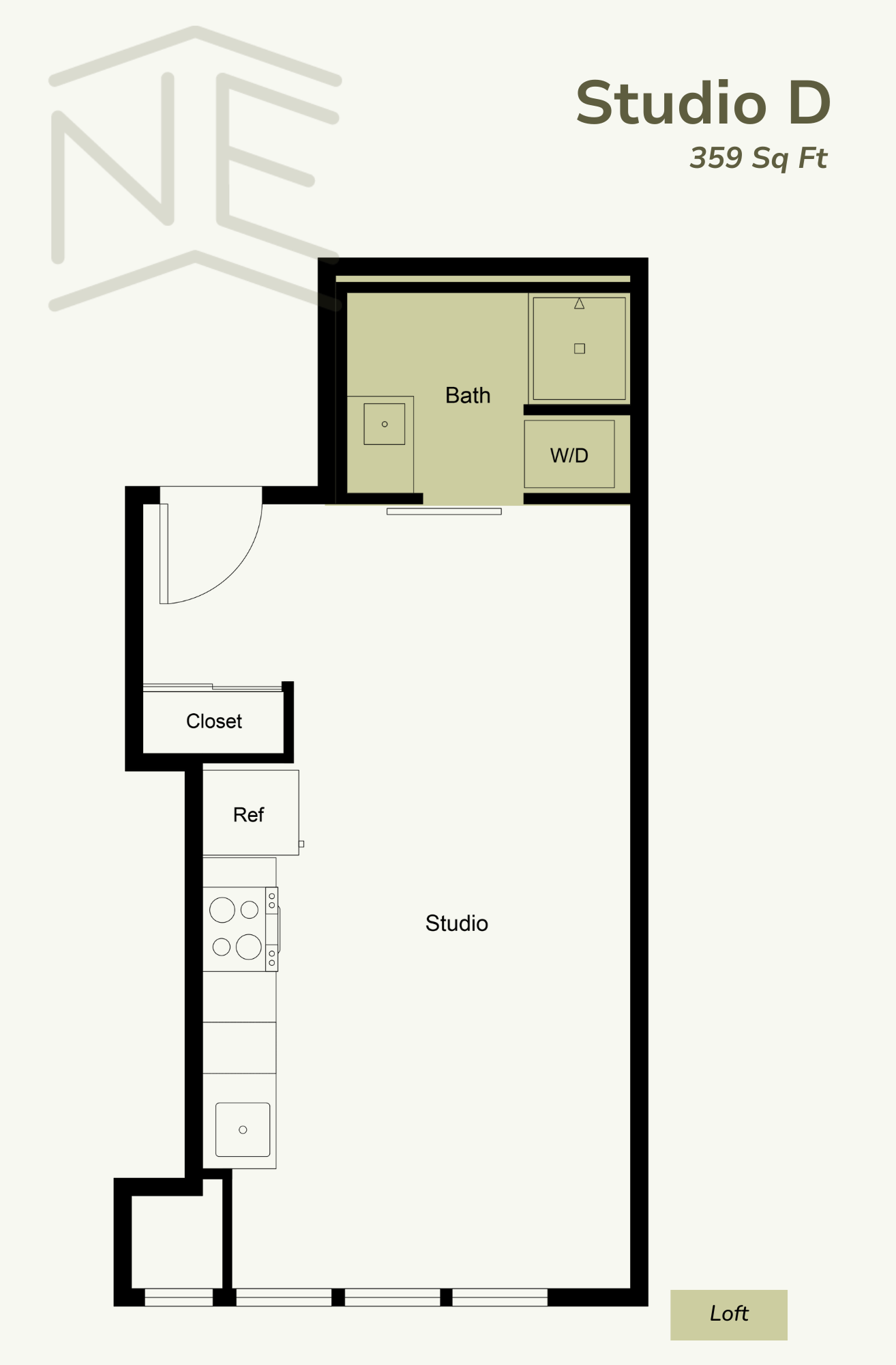 A floor plan for Studio D shows a small room with a closet, bath, and studio space.